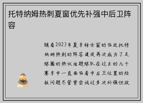 托特纳姆热刺夏窗优先补强中后卫阵容 托特纳姆热刺夏窗优先补强中后卫阵容